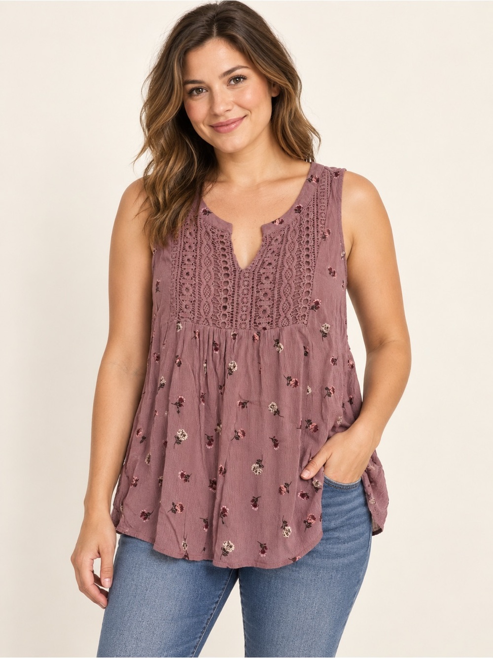 Blu Pepper Size Small Mauve Floral Crochet Bib Sleeveless Boho Blouse